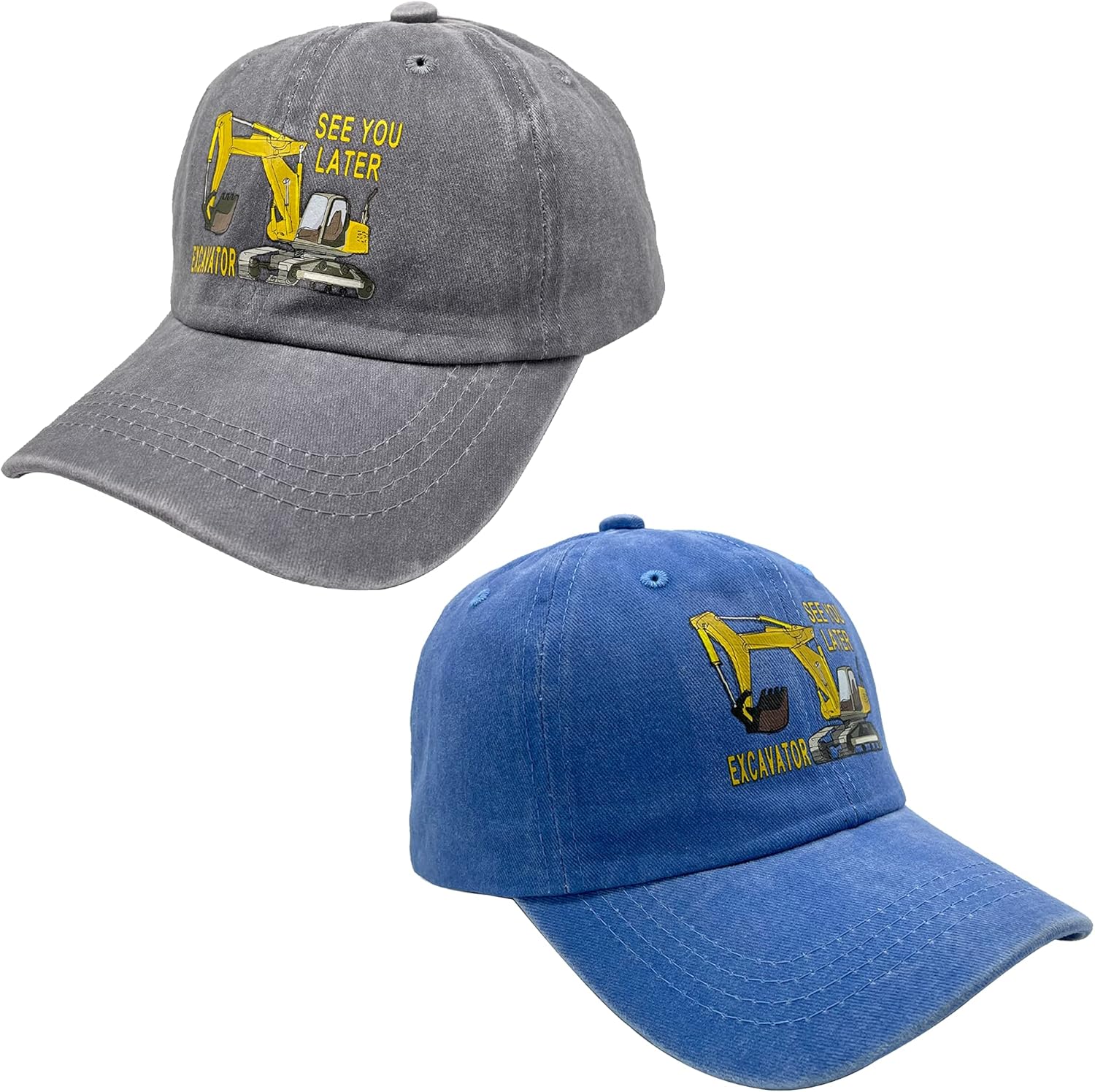 NVJUI JUFOPL Boys See You Later Excavator Baseball Cap, Washed Vintage Dad Hat for Kids 2 Pack Gray/Blue: Clothing