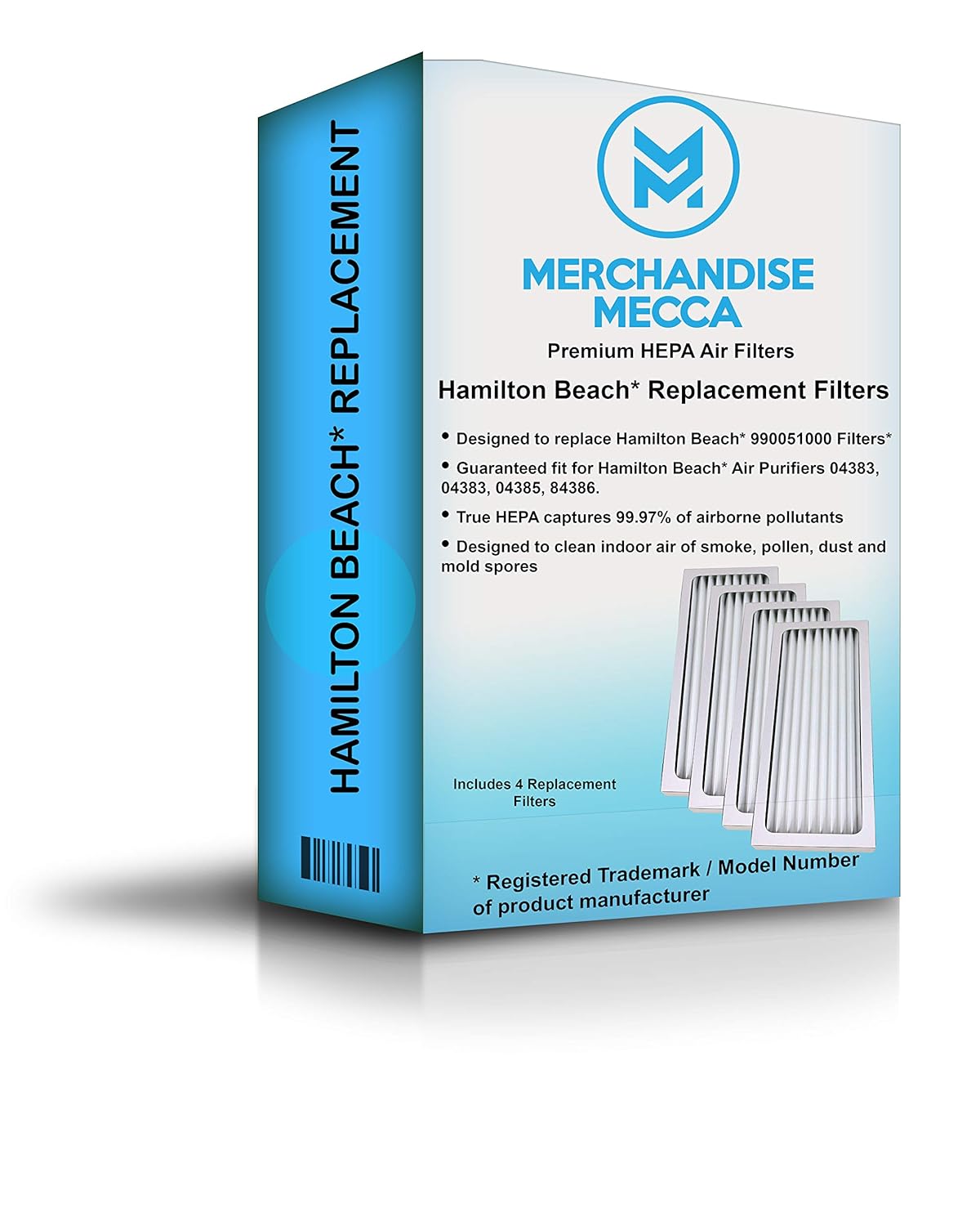Merchandise Mecca Replacement True HEPA Hamilton Beach 990051000 Filter - Compatible with Hamilton Beach air Purifier Models: 04383, 04383, 04385, 84386 Four Filters Pack
