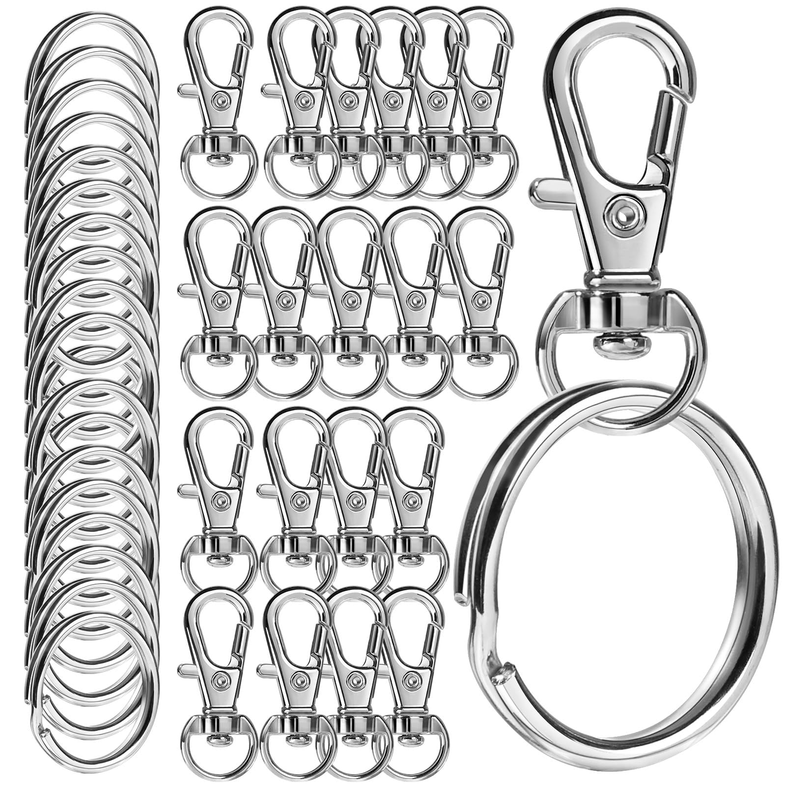 40PCS Swivel Lobster Clasps & Key Ring Making Kit - Includes 20 Lobster Clasps and 20 Keyring Hooks with Split Rings for Jewelry Making, Lanyards, and Crafts - Silver Color