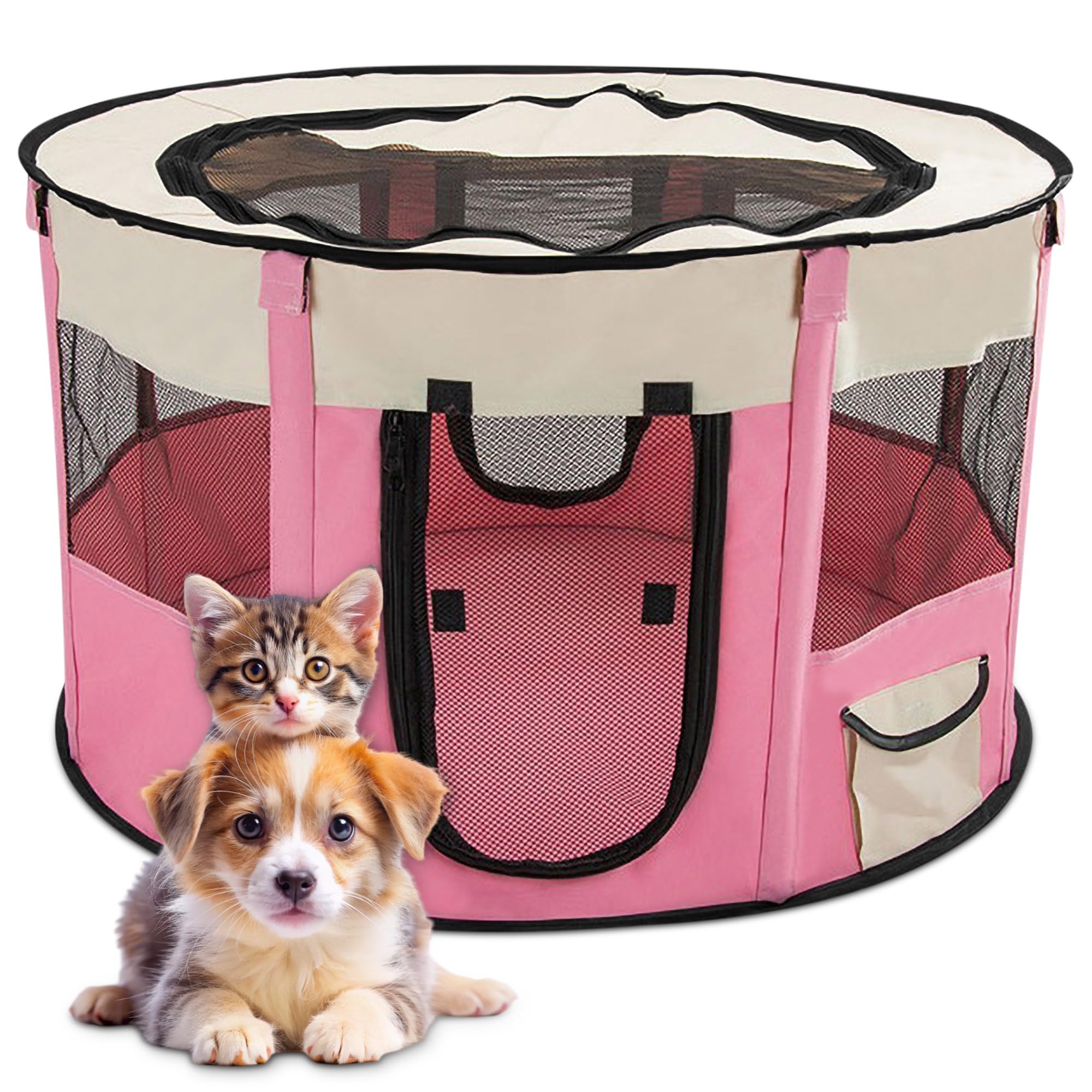 ALLSOPETS Cat Playpen for Dog, Foldable Pet Play Pen for Indoor Outdoor Use, Portable Dog Cat Crate Tent for Puppies Kittens, Pop-Up Pet Cage for Travel Camping (Pink, M)