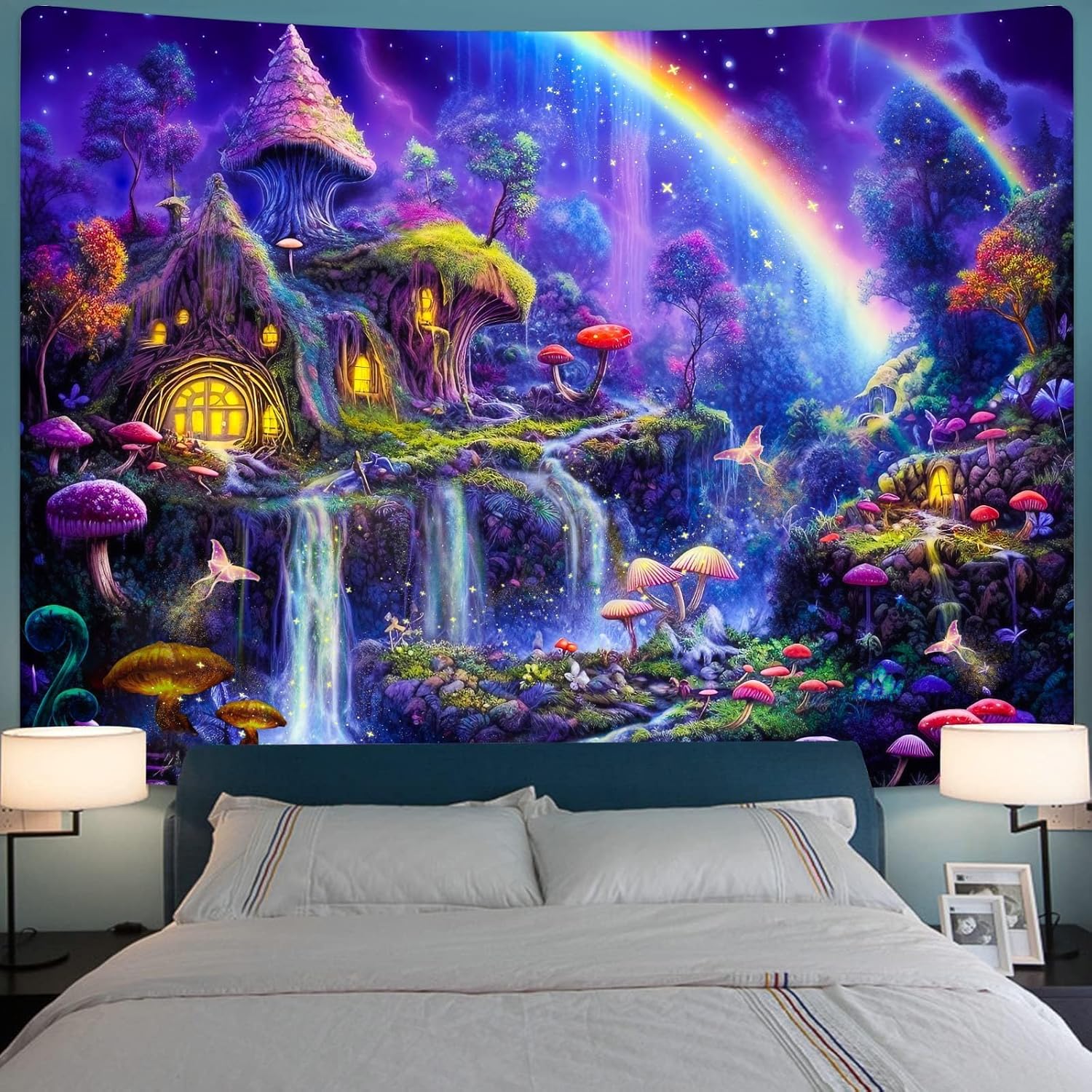 Tapestries - Kanuyee Blacklight Galaxy Tapestry Nature Tapestry Neon Tapestry Wall Hanging Fantasy Mountain Tapestry Aesthetic Tapestries For Bedroom UV Room Decor For Bedroom Aesthetic (44x60 Inches)