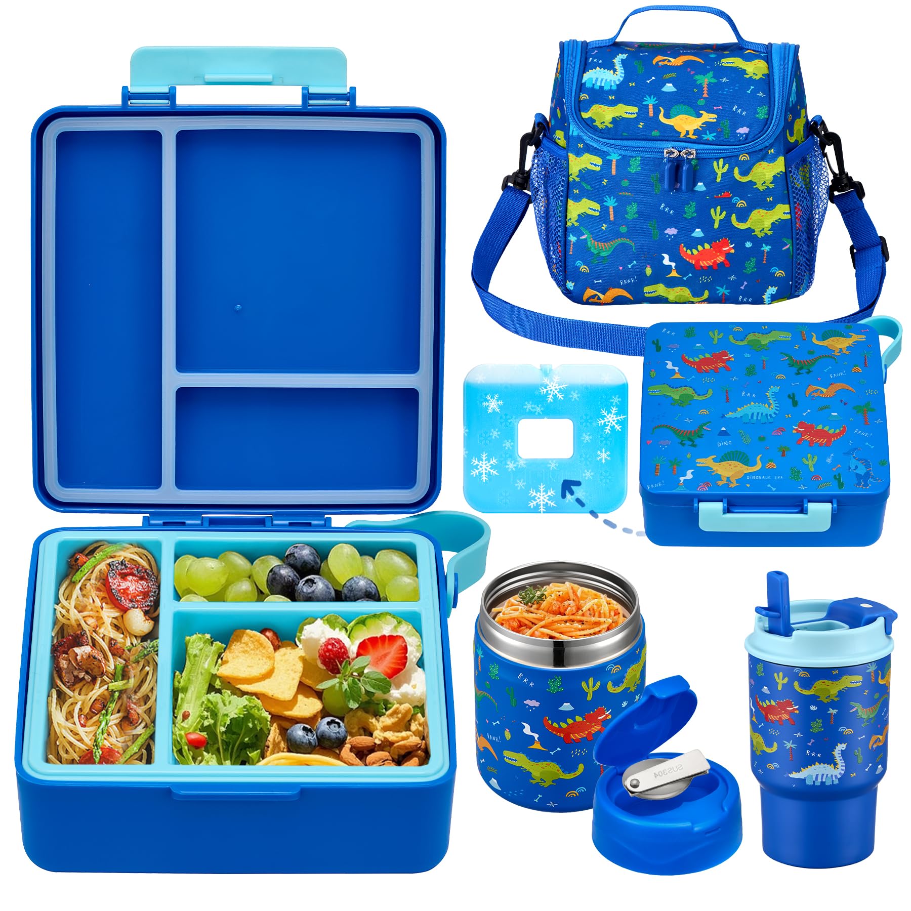 Photo 1 of Bento Lunch Box for Kids with 17oz Soup Thermo,Insulated Tumbler Water Bottle and Insulated Lunch Bag,Leak-Proof 3 Compartment Lunch Food Container with with Ice Pack for Kids to School-Dinosaur