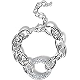 Jessica Simpson Silver-Tone Chain Link Bracelet – Statement Jewelry with Pavé Crystal Accent – Adjustable Chunky Bracelet for Women