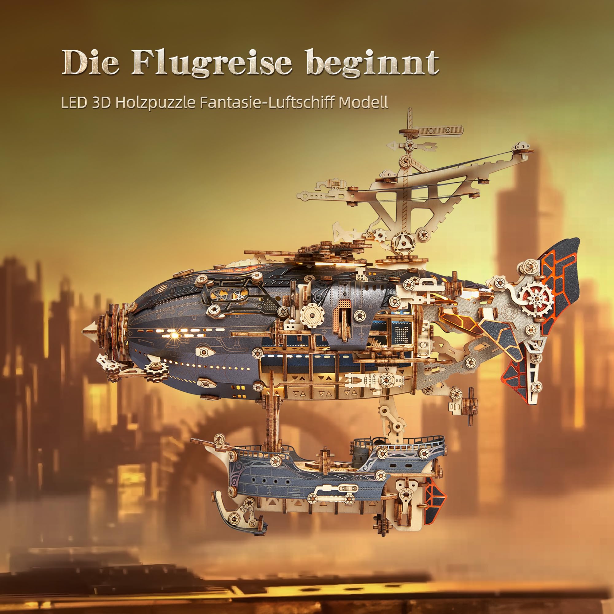 FUNPOLA LED 3D Holzpuzzle fur Erwachsene Luftschiffmodell - Steampunk DIY Bastelset mit LED-Leuchten - Holz Luftschiffmodell-Bausatz für und Erwachsene (Grau) 2