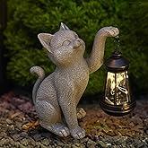 WONDHOME Solar Cat Garden Statue Outdoor Decor Resin Cat Figurine with LED Lantern for Porch Patio Lawn Yard Decorations Christmas Housewarming Gardening Gifts for Women Mom