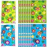 Boyuzcui 30 Pcs Luau Party Favors Bags - Blue Green Floral Printing Candy Treat Plastic Bags for Hawaiian Birthday Party Decorations Gifts