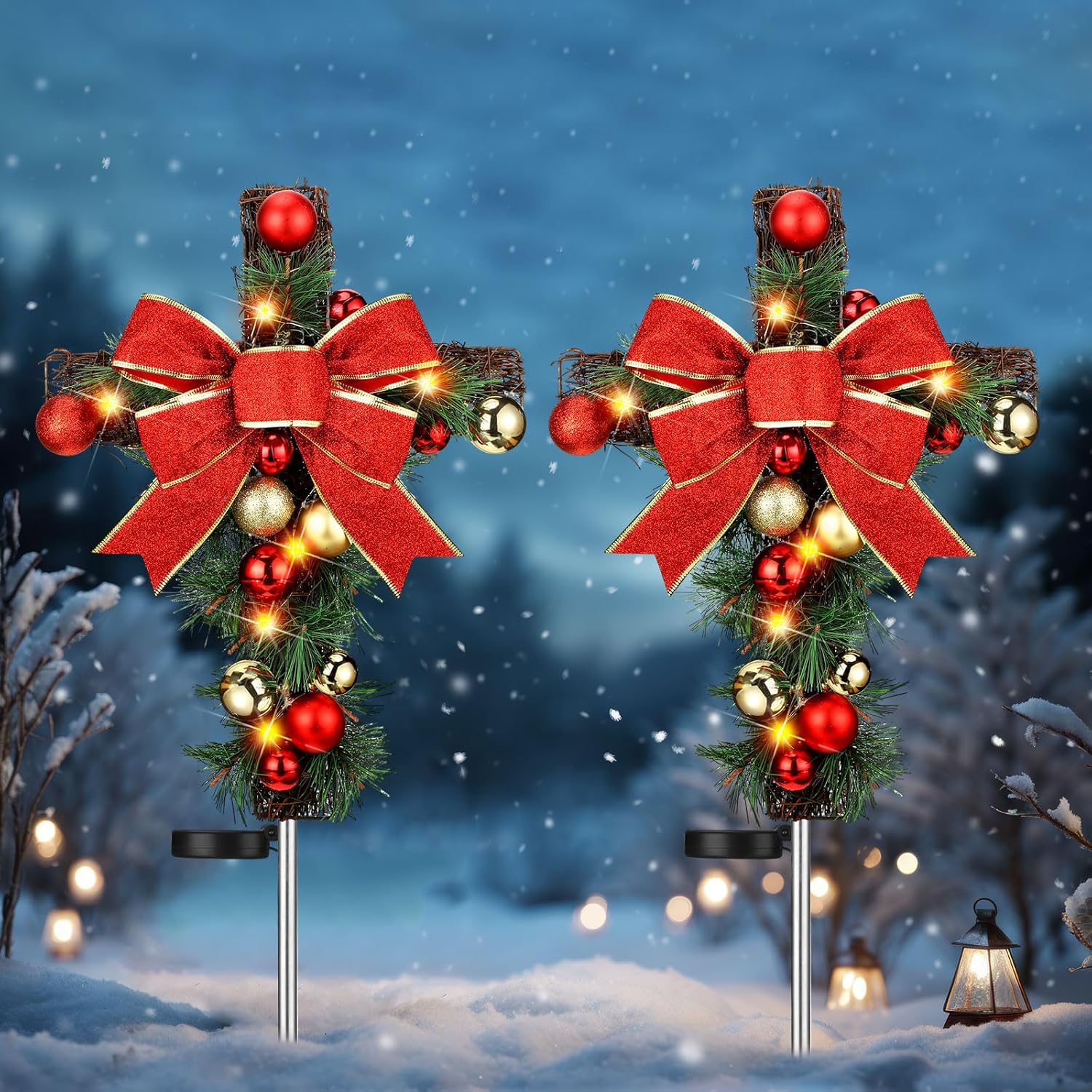 Decorative Garden Stakes - Ganeen 2 Pcs Solar Cross Christmas Decorations Outdoor LED Lights Cemetery Grave Decoration Xmas Waterproof Cross Stake with Pine Cones Foliage Ornament for Garden Lawn Yard Cemetery (Warm Style)