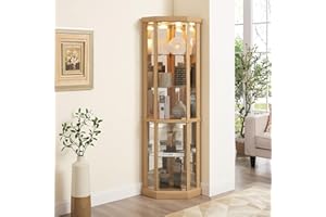 FIRSCOOK Corner Curio Cabinets,Corner Glass Cabinet Lighted, Curio Cabinet with Adjustable Glass Shelves,Bar Glass Storage Light Included,Corner Display Case for Living Room,Light Oak(16.46"x 16.46"x 69.84")