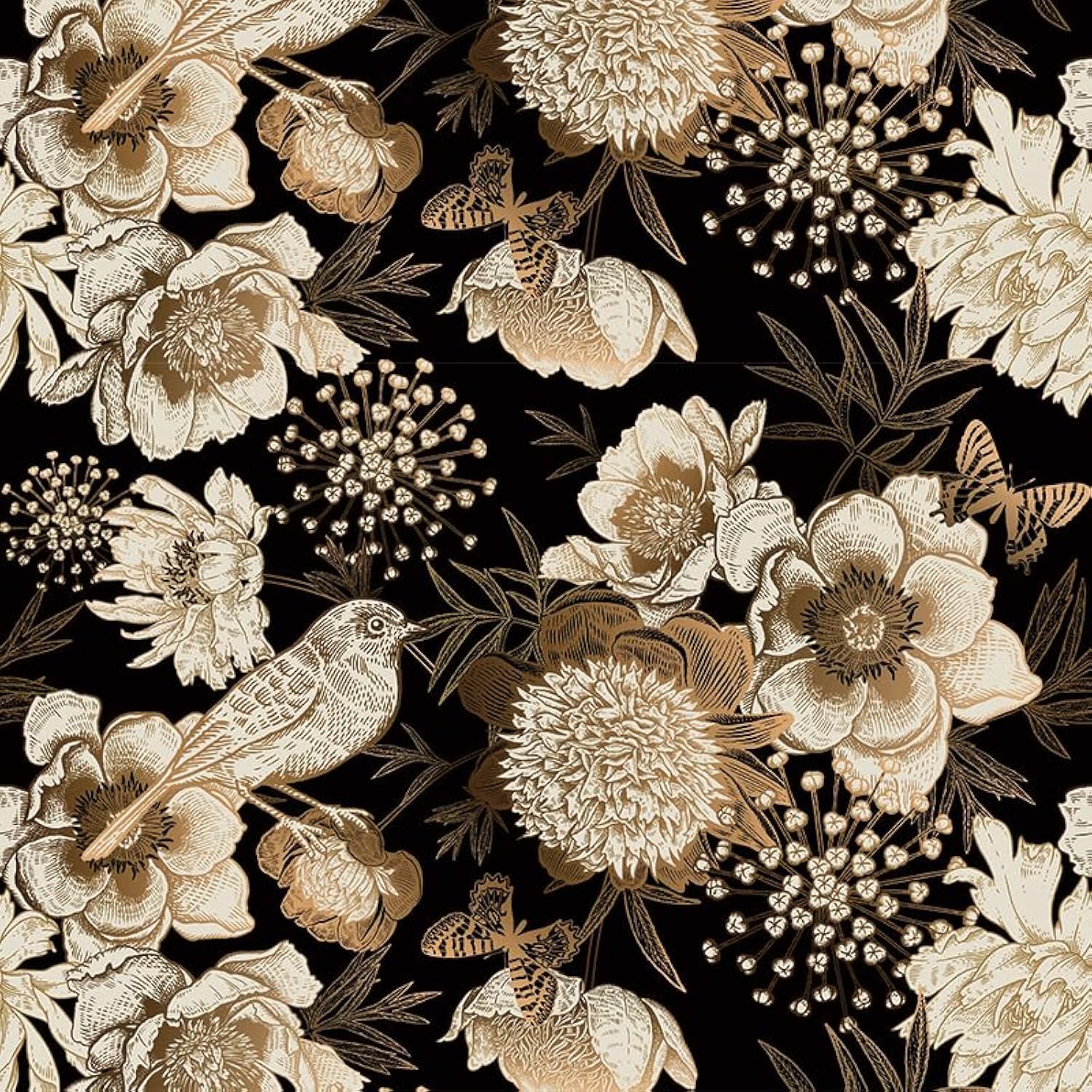 ReWallpaper Peel and Stick Wallpaper Black and Gold Vinyl Wrap for Furniture Pattern Floral Wallpaper for Living Room Gold Wallpapers with Birds Vintage Floral 44.5cm×3m