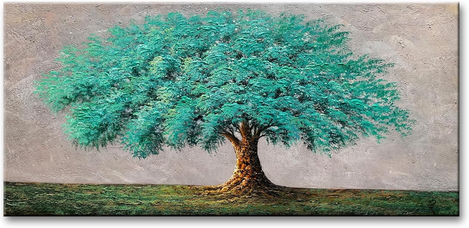 Paintings - Blue and Green Tree Oil Painting On Canvas 3D Texture Abstract Art Wall Decor Turquoise Artwork Modern Landscape Picture Living Room Framed Ready to Hang