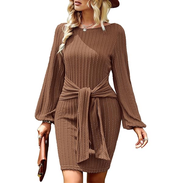 R.Vivimos Women's Knitted Bodycon Dress – Long Sleeve, Tie Waist, Cotton Blend Fall Winter Dress - View #9