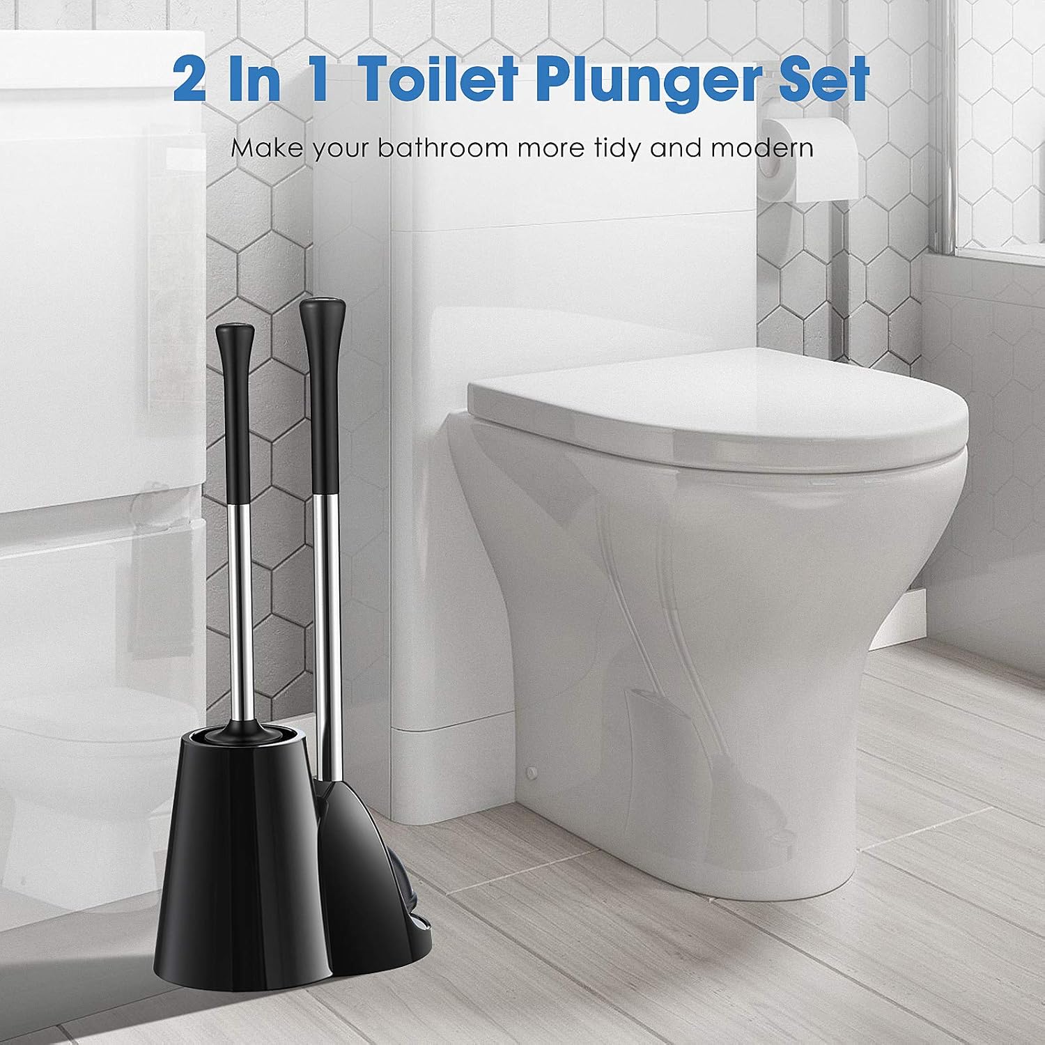 Homemaxs Toilet Plunger with Brush -【2021 Newest】2-in-1 Plunger and Toilet Brush Combo with Holder- Heavy Duty Plunger set with 304 Stainless Steel Handle & Patented Water Storage Design for Bathroom: Kitchen & Dining