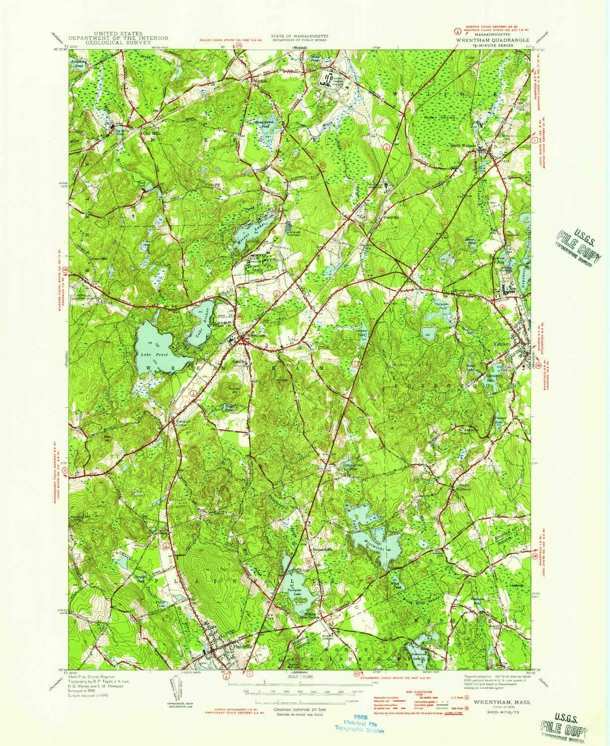 YellowMaps Wrentham MA topo map, 1:31680 Scale, 7.5 X 7.5 Minute, Historical, 1946, 20.7 x 17 in