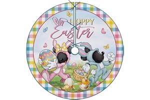 Fzbali Happy Easter Christmas Tree Skirt 48 Inches Lace-up Cartoon Mouse Eggs Chick Bunny Ears Tree Skirt, Rabbit Colorful Plaid Farmhouse Holiday Party Indoor Decoration Home Decor