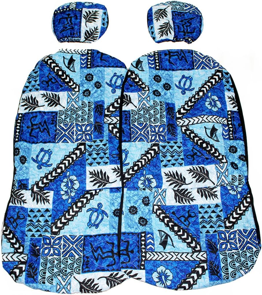 Hawaiian car seat cover with Separated Headrest, Blue Tapa, Set of 2 Front Bucket Seat Covers, Made in Hawaii