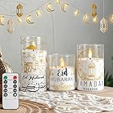 Huquary 3 Pcs Eid Mubarak Pillar Flameless Candles with Remote Ramadan Decorations Ramadan LED Flickering Candles Battery Operated Plastic Pillar Candlesticks for Eid Fit Gifts Home Decor, 3", 5", 6"