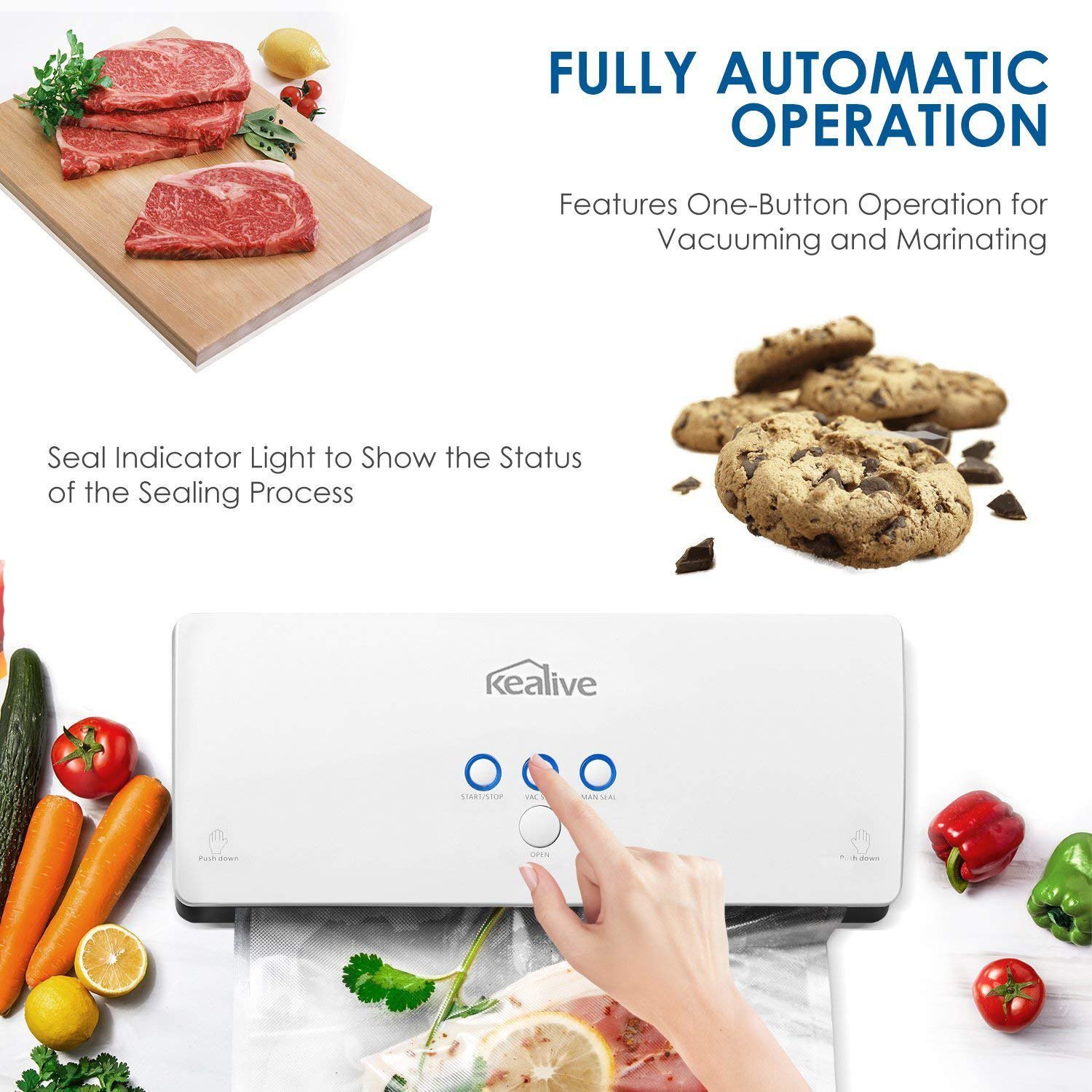 Kealive Vakuumierer - Vakuumiergerät, Lebensmittel bleiben bis zu 8x länger frisch - natürliche Aufbewahrung ohne Konservierungsstoffe, 30cm lange Schweißnaht, einfach zu bedienen, automatische Konser