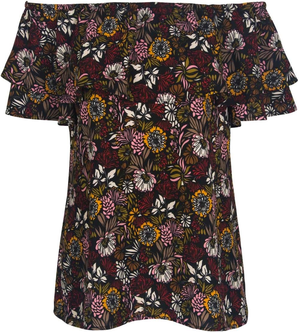 Choies Women's Red Off Shoulder Floral Leaves Print Ruffle Overlay Blouse Top