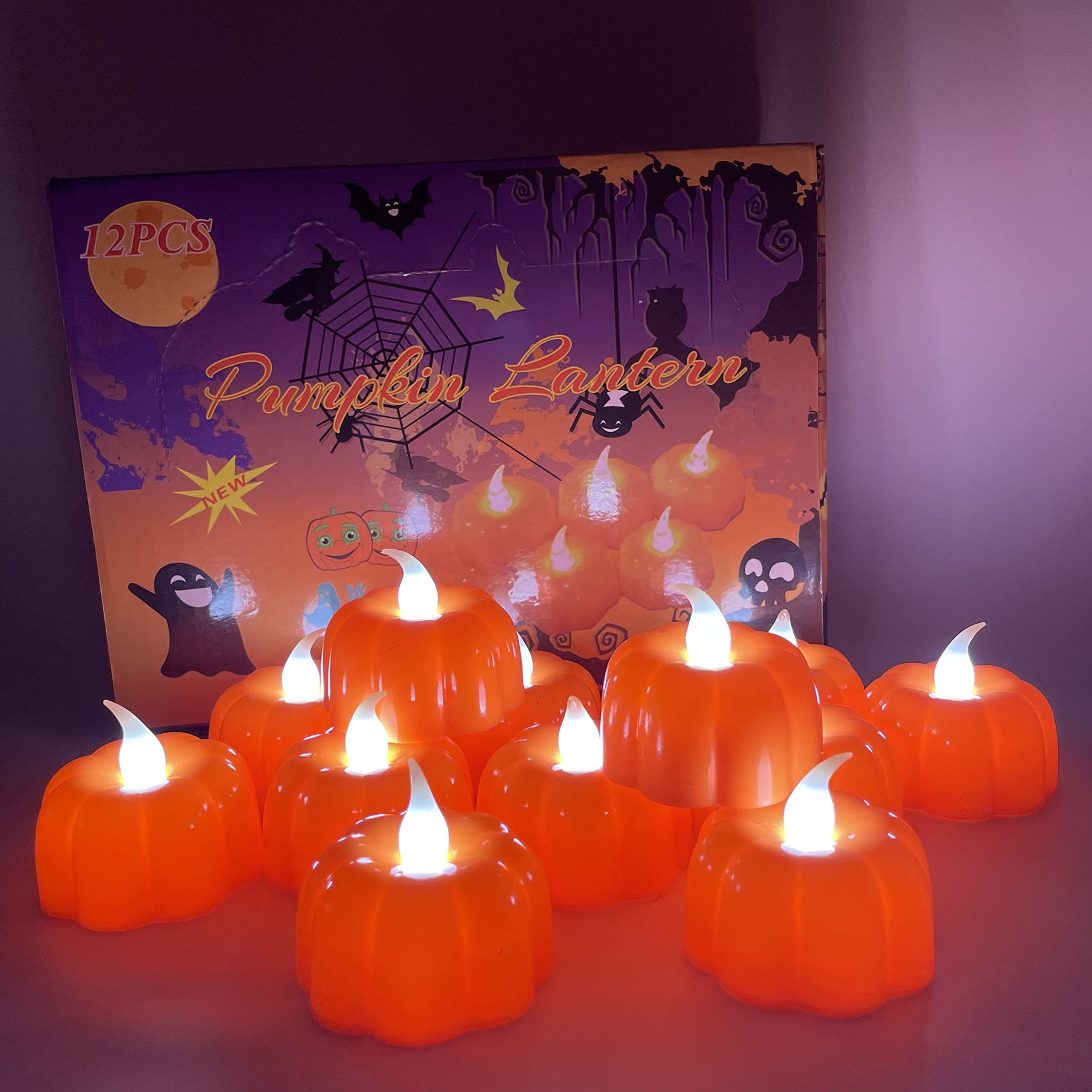 XIXIMENG 12Pcs Halloween LED Tealight Candles Set 3D Pumpkin Flameless Candle Light Warm White Flickering Indoor and Outdoor Party Favors