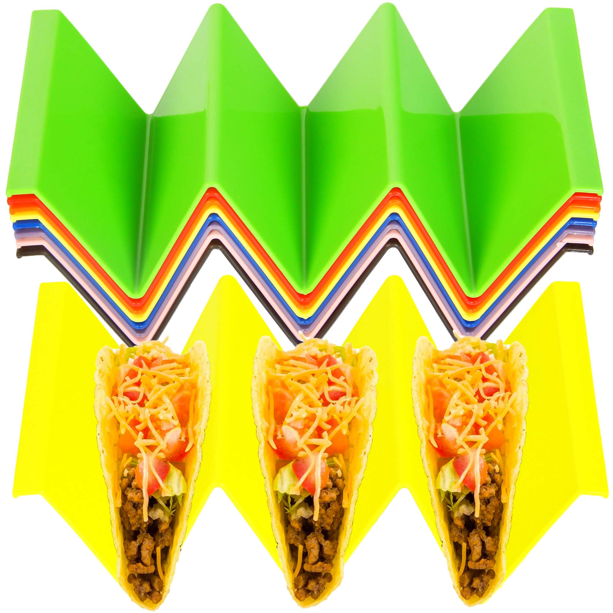 Youngever 9 Pack Re-usable Large Taco Holder Stands, Plastic Taco Plate, Taco Truck Tray Style, Dishwasher Top Rack Safe, Set of 9 Assorted Colors