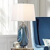 Possini Euro Design Pablo Modern Style 3-Way Table Lamp with Table Top Dimmer 27" Tall Multi Color Blue Art Glass Fabric Drum