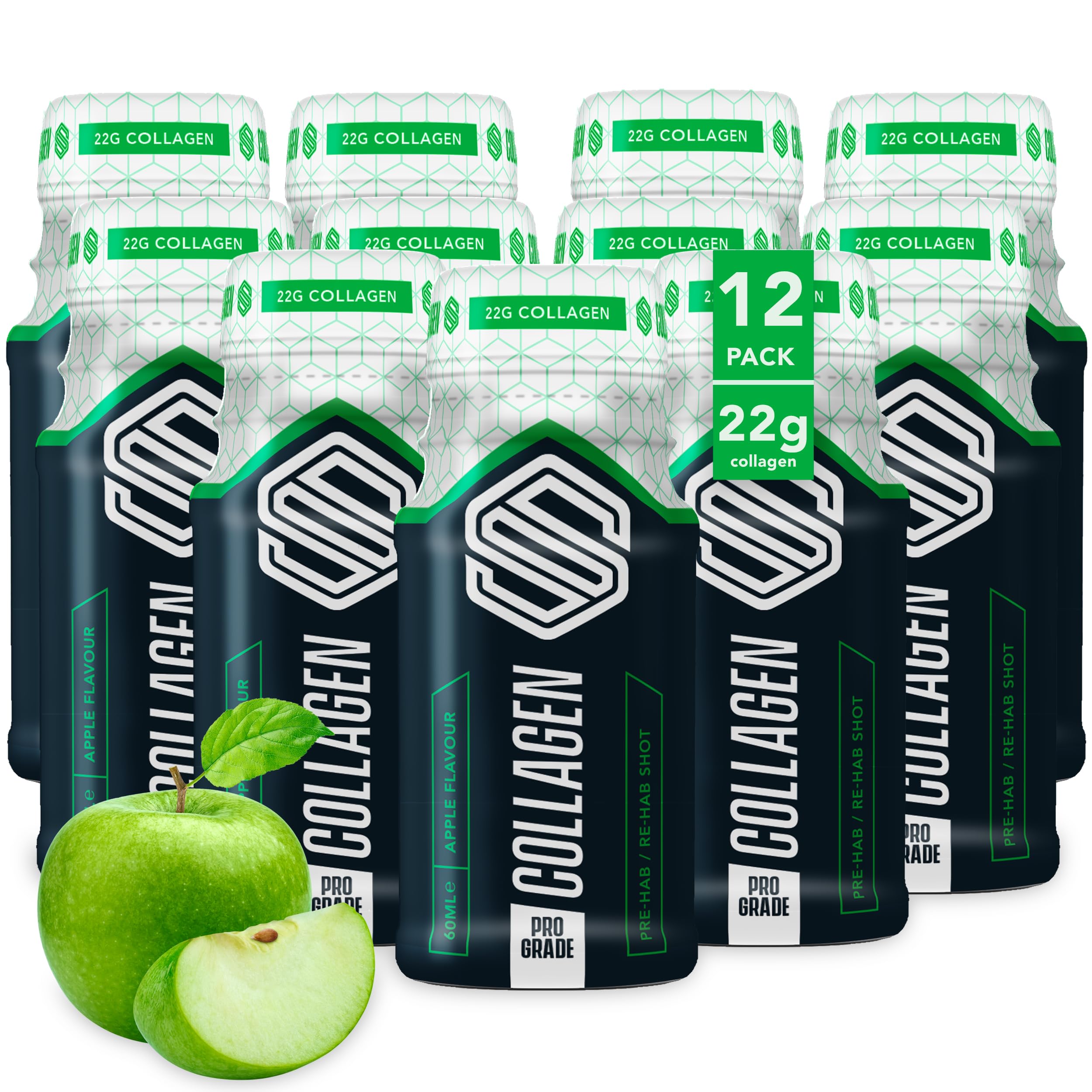 Soccer Supplement Pro Grade Collagen Shot (12 Pack) - 22g Collagen with Vitamin C, Glucosamine & Chondroitin for Joint, Tendon & Ligament Support, Apple Flavour