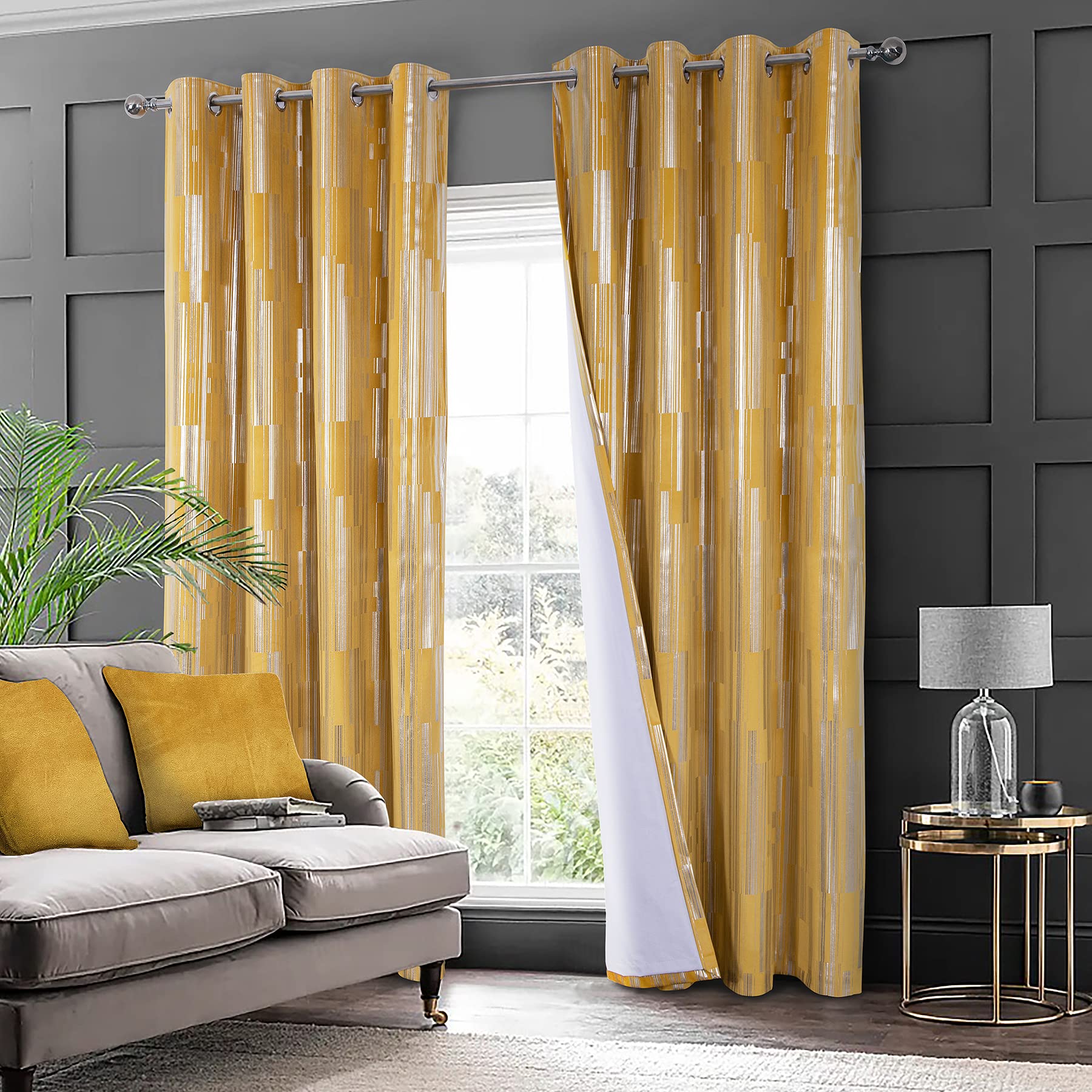 always4u 100% Blackout Curtains Eyelet for Bedroom Yellow Soft Velvet Curtain Stripe Foil Printed Shining Luxury Window Drapes for Living Room 1 Pair 66 * 90