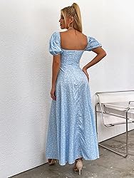 Women's Summer Puff Sleeve Floral Split Maxi Dress