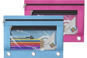 DoDoMagxanadu Binder Pencil Pouches, Pencil Pouch for 3 Ring Binder, Double Pocket Clear Window Pencil Case for Binder, Zippered Pencil Pouches with Rivet Enforced 3 Ring, 2 Pack (Rose &Sky Blue)