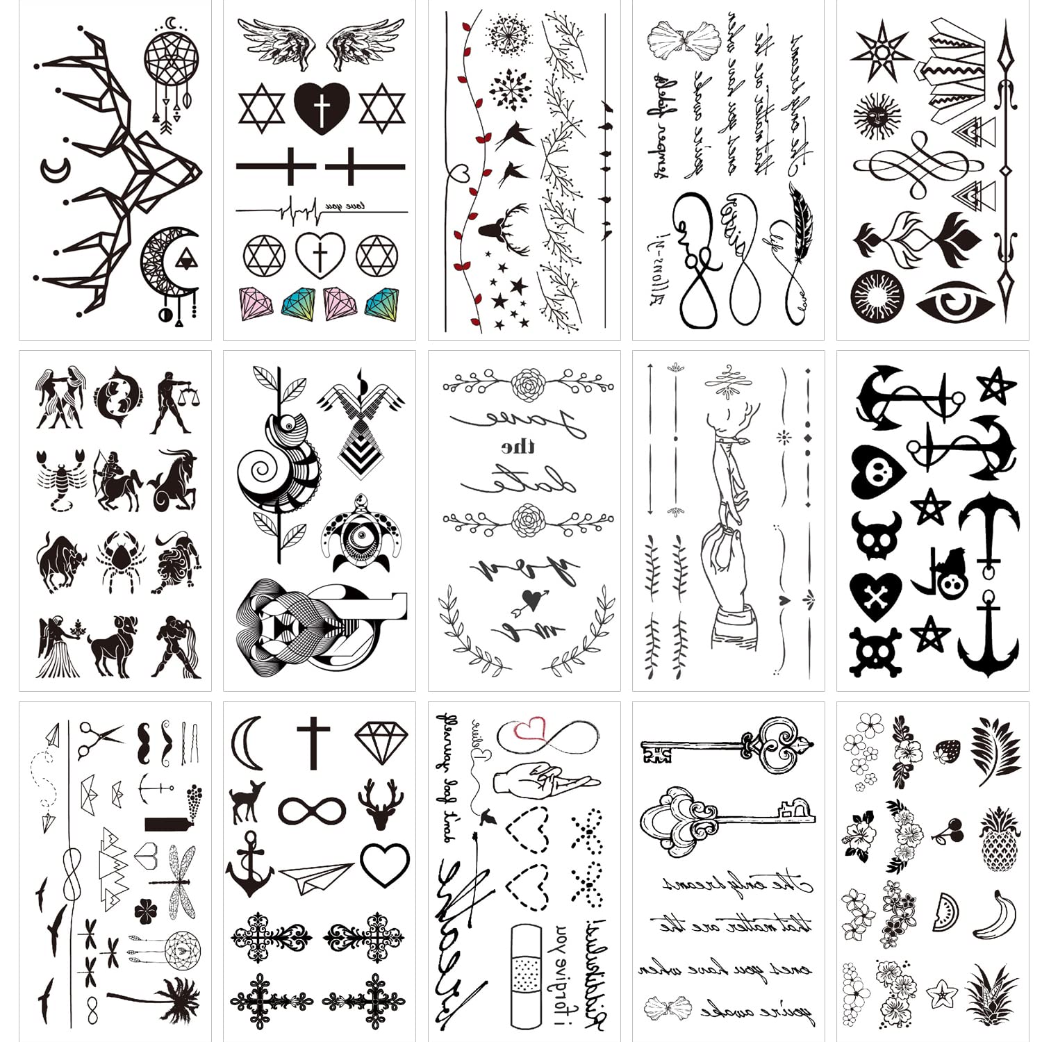Glaryyears Fake Tiny Temporary Tattoo, 20 Pack Black Sketch Ink Line Small Tattoos Stickers, Various Styles for Fun Party Supplies Vacation on Body Face Hand Wrist