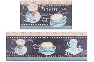 ROSMARUS Coffee Theme Kitchen Rug Set 2 Piece, Cushioned Anti-Fatigue Kitchen Floor Mats Waterproof Easy to Clean Comfort Standing Kitchen Mat Set (Black)
