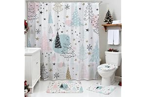 LINDAMELER Christmas Shower Curtain Sets 4pcs Winter Pine Tree Christmas Bathroom Decor Set with Shower Curtain Rugs Toilet Lid Cover, Xmas Tree Holiday Bath Curtain with 12 Hooks (Pink, 71" L x 71" W)