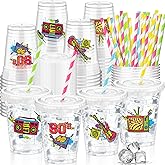 FoldTier 50 Pcs 80's Party Cups Disposable Plastic Cup 12 Oz G Back to 80s mugs Thick 80s Theme Clear mug Lids Straws Retro Music Party Supplies Throwback Dance Birthday Favor Table Decorations