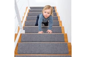 CELION Non-Slip Carpet Stair Treads for Wooden Steps, 8" X 30" 15PCS Indoor Self-Adhesive Safety Rug Slip Resistant Stair Treads Carpet Runner Mats for Elders, Kids, Pets (Light Grey)