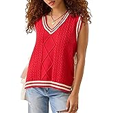 InterNos Women's Striped Cable Sweater Vest V Neck Sleeveless Casual Knit Pullover Top with Side Bow Ties