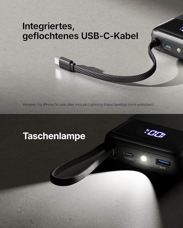 45W Power Bank, Klein 20000mAh Handyakkus mit Integriertem USB-C Kabel