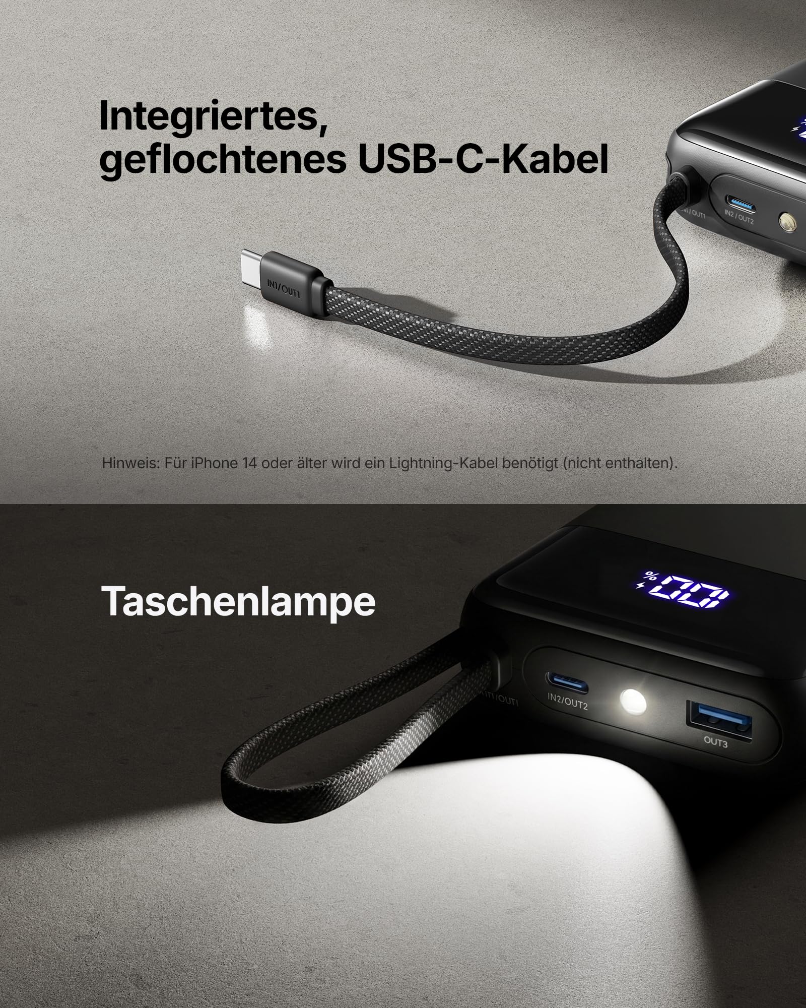 INIU 45W Power Bank, Ultra Klein 20000mAh Powerbank mit Integriertem USB C Kabel, Schnellladen Externe Handyakkus, Flugzeug Geeignet, Reise-Essential für iPhone 17 16 15, Samsung S22, Xiaomi, iPad etc 5