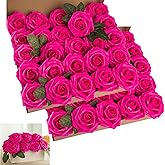 Lansdowns Artificial Flower Foam Hot Pink Rose 50pcs Real Looking Fake Rose with Stems Leaves for Home Decoration Party Garden Centerpieces DIY Wedding Bouquets(Hot Pink)