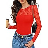 Avidlove Christmas Outfits for Women Long Sleeve Lace Bodysuit Crew Neck Body Suits Sheer Going Out Tops