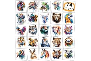 CHARLENT Watercolor Safari Animals Temporary Tattoos for Kids Party Supplies - 74 Individually Sheets Animals Tattoos for Boys Girls Birthday Party Favors
