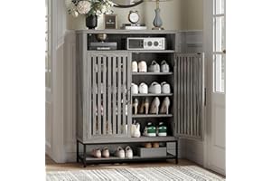 Maupvit Shoe Cabinet with 2 Ventilated Grille Style Doors, 6-Tier Shoe Storage Cabinet with Adjustable Shelves, Freestanding Shoe Organizer for Entryway, Metal Handles and Legs, Grey