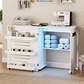 Lvifur Lighted Folding Sewing Table - with Charging Station, Sewing Cabinet with Storage, Farmhouse Sewing Desk with Motion Sensor Lights, Cutting Table with 3 Storage Trays,6 Wheels,White