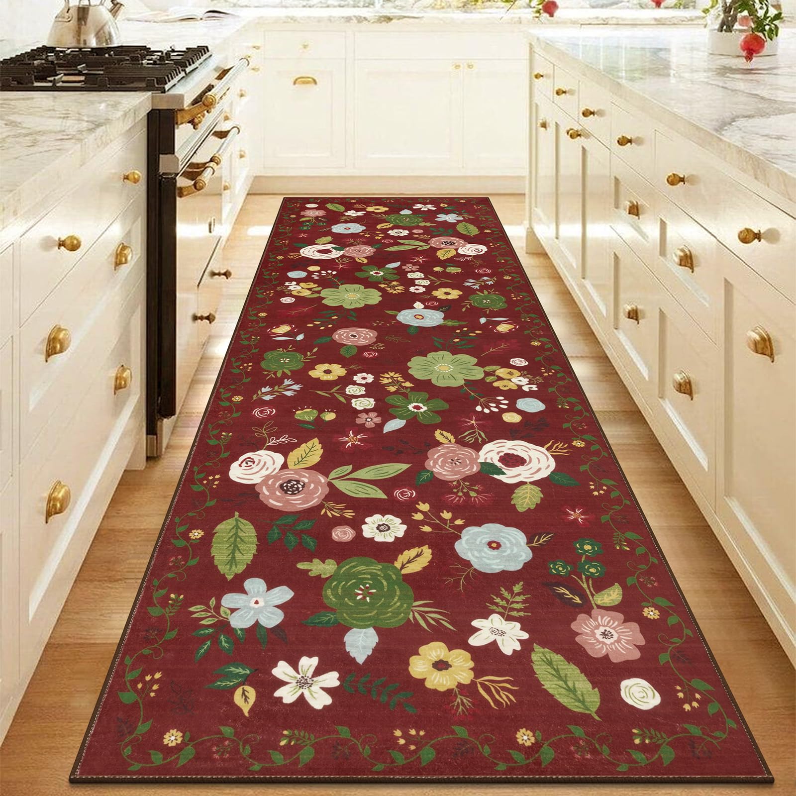U'Artlines Runner Rug for Hallways,2'6" x 8'Colorful Floral Carpet Soft Non Slip Washable Floor Carpet Runners for Entryway Laundry Room Bathroom (Red) Image