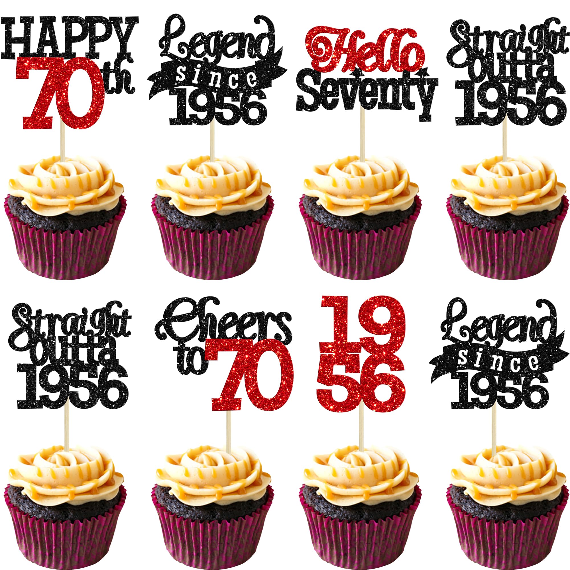 Gyufise 24Pcs Happy 70th Birthday Cupcake Toppers Hello Seventy Legend Since 1956 Cupcake Picks Cheers to 70 Years Cake Decorations for 70th Birthday Anniversary Party Supplies Black Red
