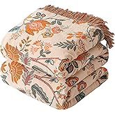 Bailix Boho Throw Blanket for Couch Sofa Bed, 100% Cotton Woven Quilt with Tassel 60”x80”, Super Soft Muslin Blanket with Floral Printed, Decorative Reversible Bed Blanket/Cover for All Seasons