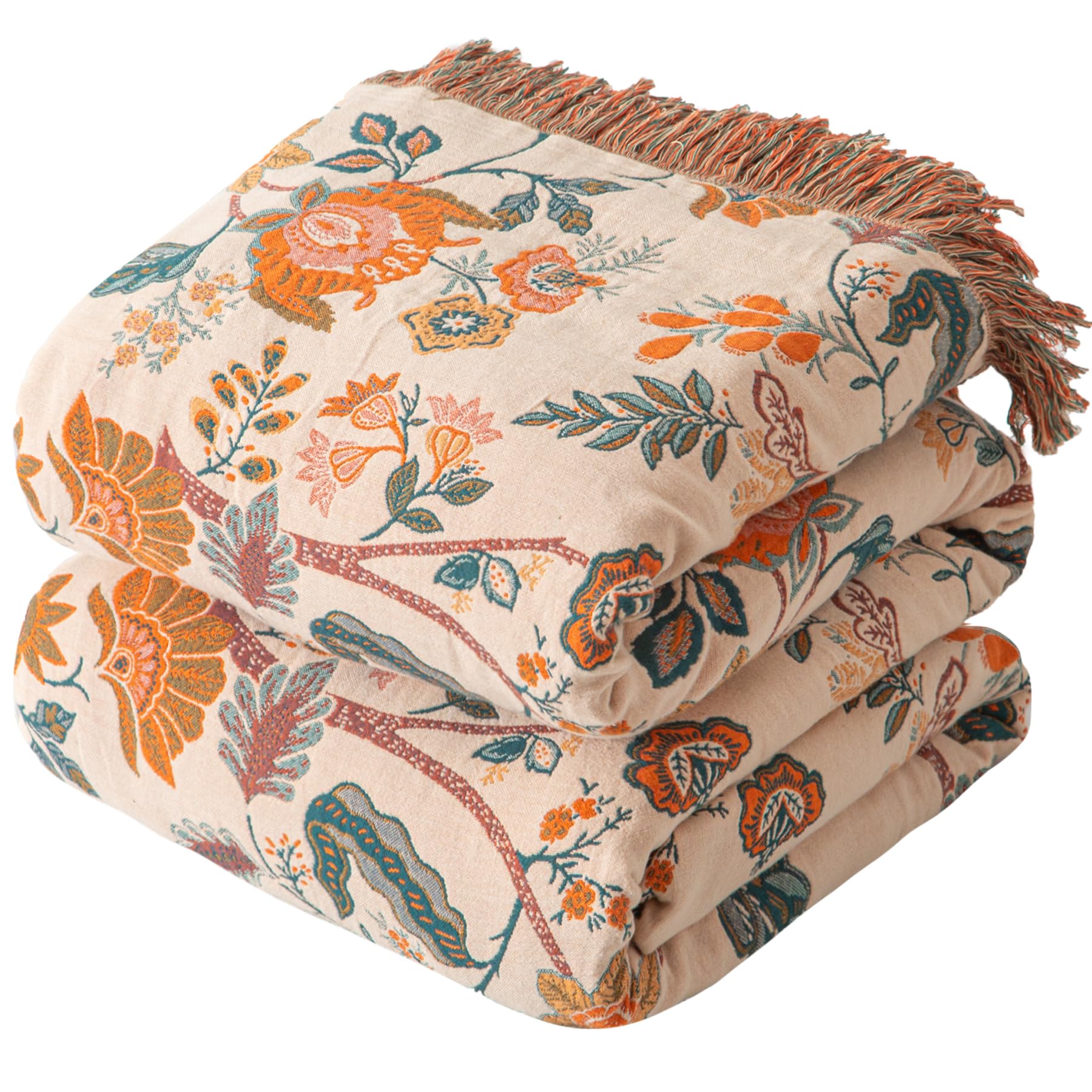 Photo 1 of Bailix Boho Throw Blanket for Couch Sofa Bed, 100% Cotton Woven Quilt with Tassel 60”x80”, Super Soft Muslin Blanket with Floral Printed, Decorative Reversible Bed Blanket/Cover for All Seasons