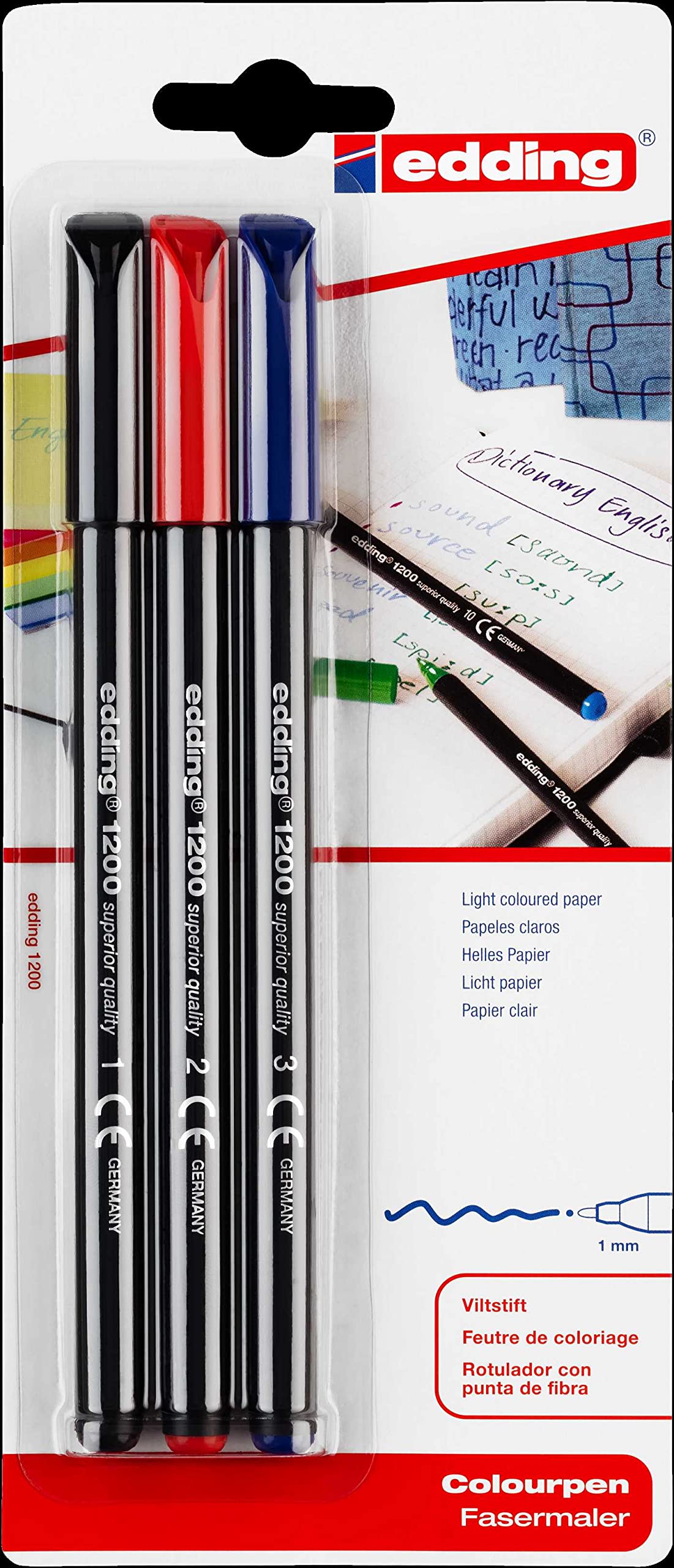 edding 1200 colour pen fine - black, red, blue - pack of 3 bright colours - round nib 1 mm - felt-nib pen for drawing and writing - brush pens for drawing, writing, colouring, sketch pens, art pens