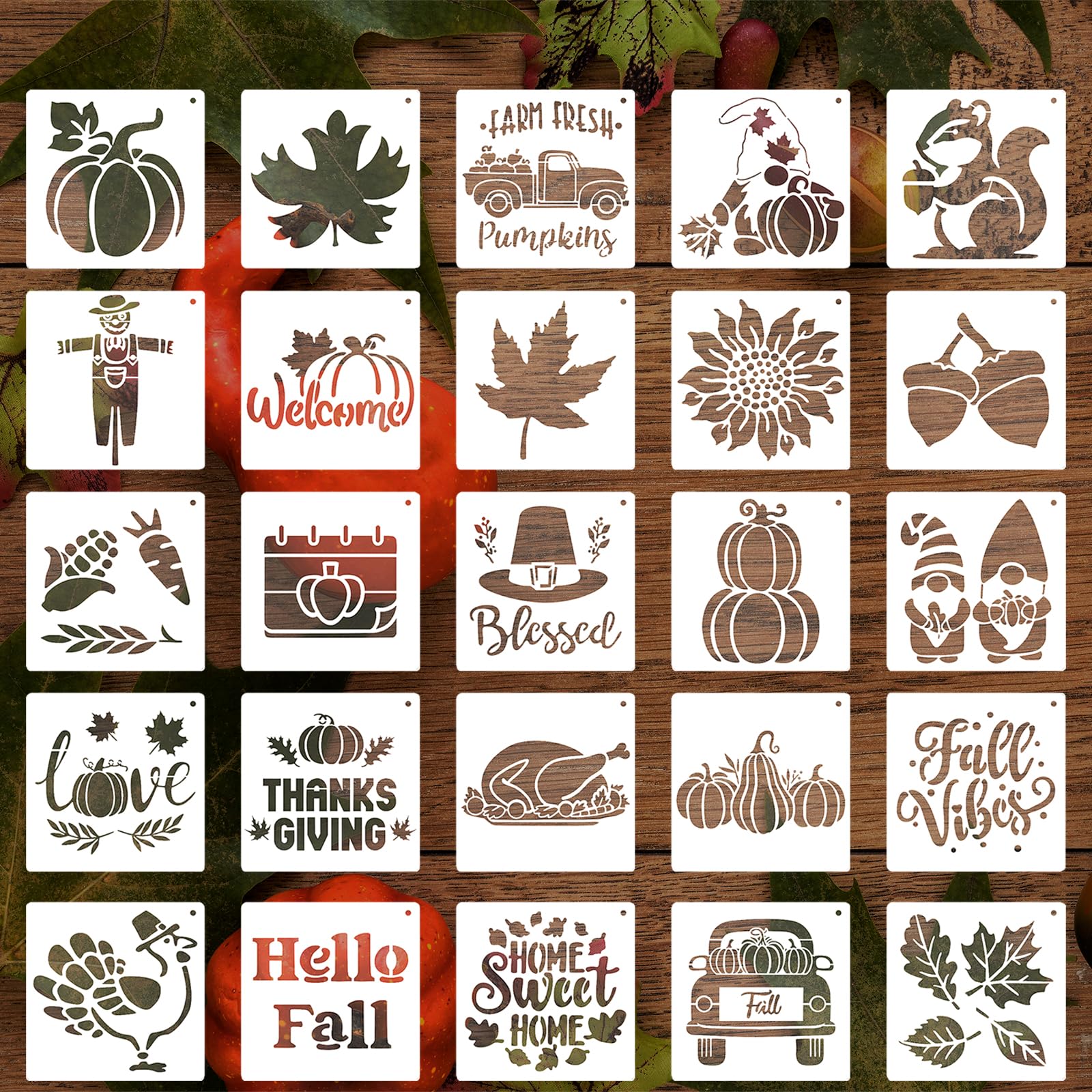 Photo 1 of 25 Pcs Thanksgiving Fall Stencils Reusable, 6x6 in Autumn Drawing Stencils for Painting on Wood, Pumpkin Maple Spraying Templates for DIY Greeting Cards Holiday Crafts Canvas Fabrics Wall Door Decors