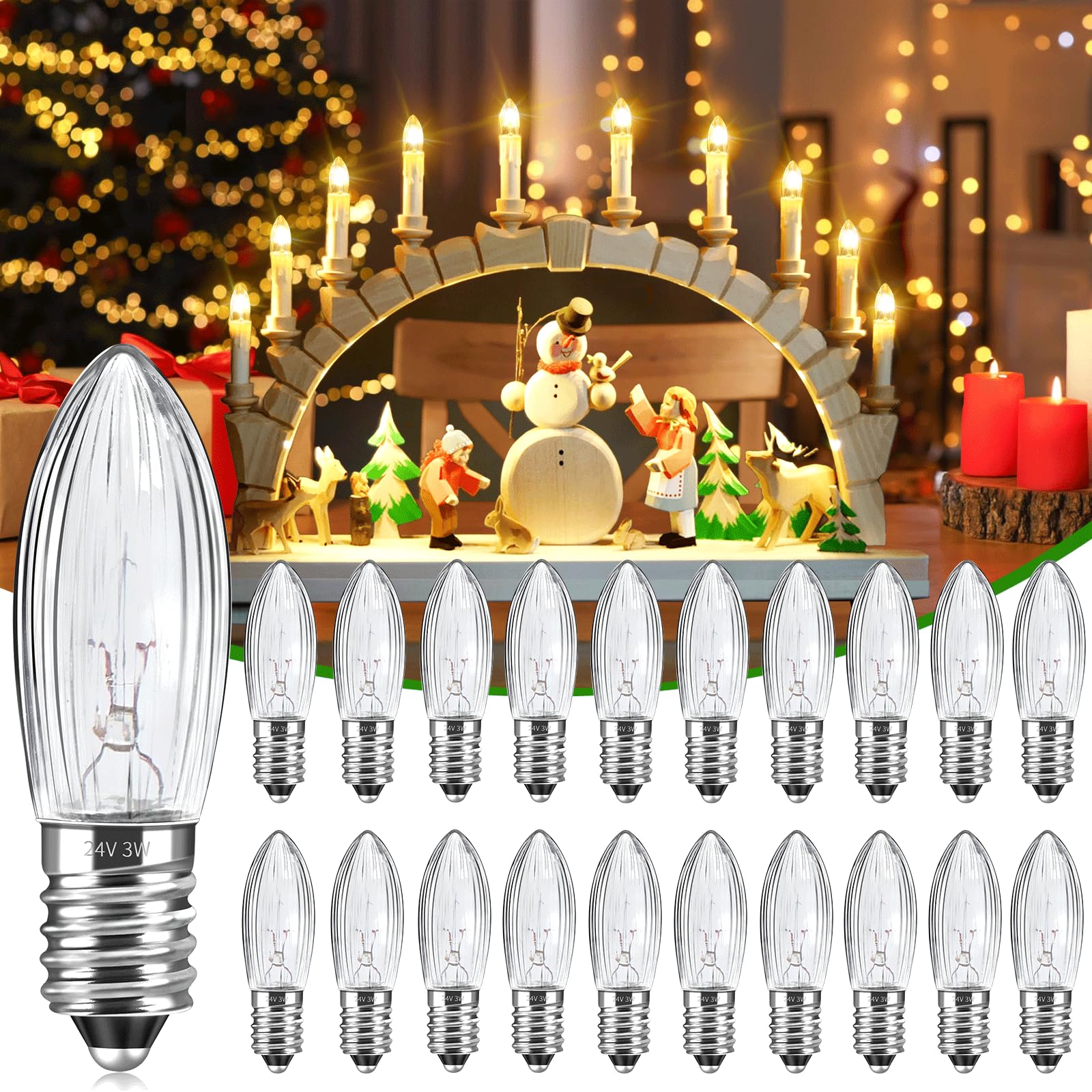 20 Pack E10 24V 3W Candle Bulbs, Bridge Replacement Bulbs, Warm White 2700K, MES Spare Christmas Light Bulbs for Arch, Candlestick, Pointed Candle, Fairy Lights