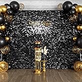 Qcity Black Shimmer Wall Backdrop 48PCS, Black Back Not See-Through Design, Square Sequin Glitter Backdrop Panel, Perfect for Outdoor Events, Birthdays, Wedding and Party Decoration